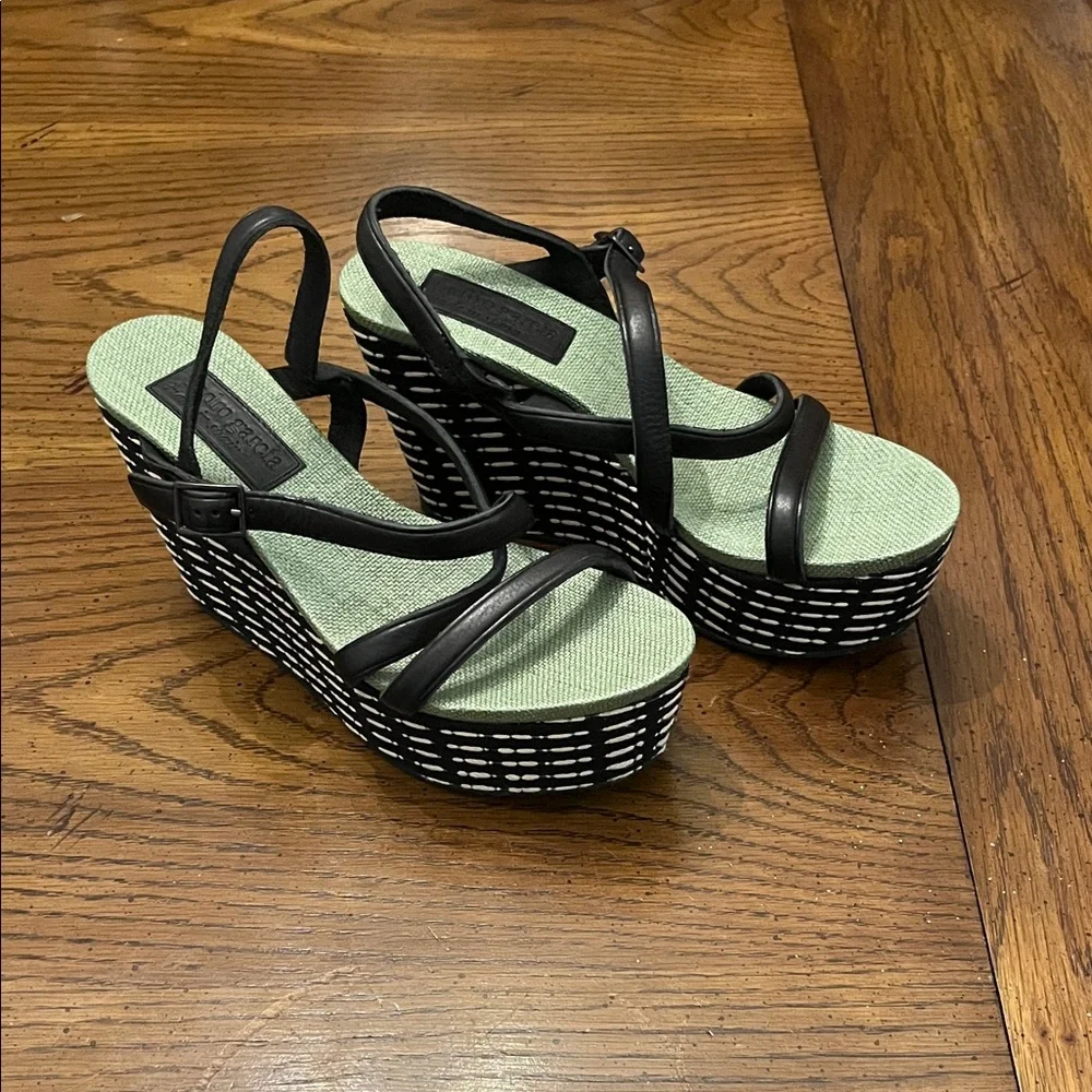 Stylish Pedro Garcia Black and Green Wedge Sandals, size 39 1/2, NWOT‎